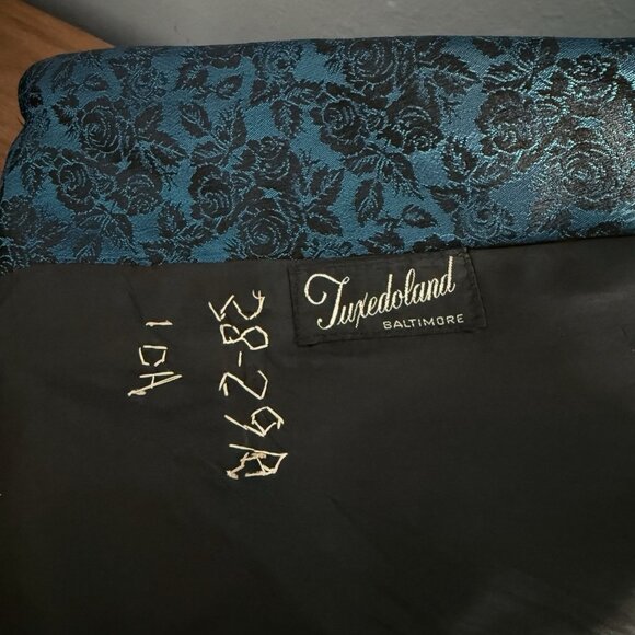 Vintage 60’s Blue Black Floral Jacquard Tuxedo Blazer Jacket 40” Chest - Picture 5 of 5